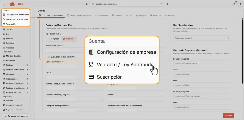Segundo paso de la guía de activación de Verifactu