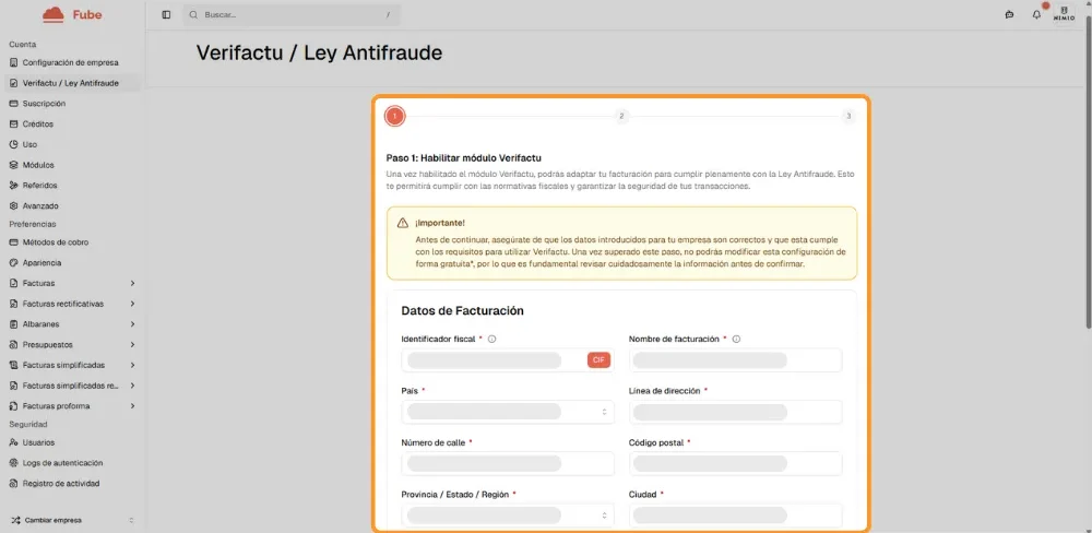Cuarto paso de la guía de activación de Verifactu